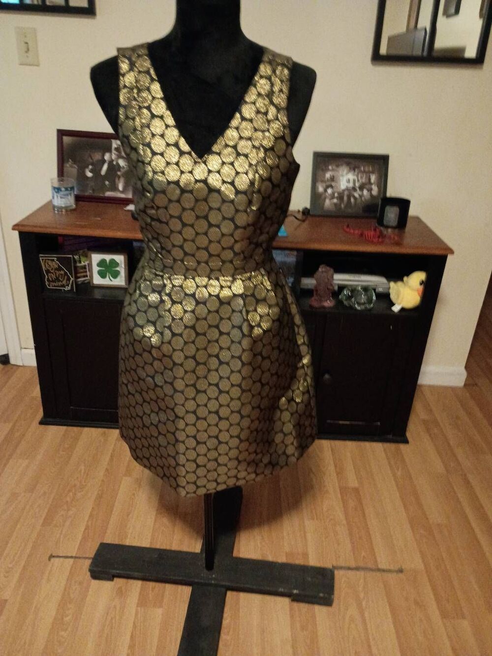 00 J Crew Black Metallic Gold Polka Dot Sleeveless Special Occasio Holiday Dress